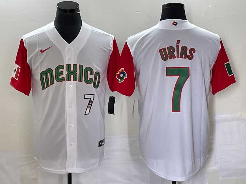 Mens Mexico Baseball #7 Julio Urias Number 2023 White Red World Classic Stitched Jersey 48